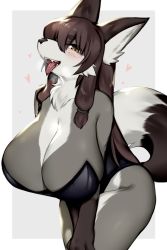 Rule 34 | 1girl, animal ears, blush, body fur, breasts, brown hair, cleavage, cowboy shot, fox, fox ears, fox girl, fox tail, furry, furry female, grey fur, hands on legs, heart, large breasts, leotard, long hair, looking at viewer, mofuaki, nontraditional playboy bunny, original, playboy bunny, simple background, snout, solo, standing, tail, two-tone fur, white fur