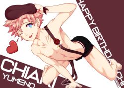 Rule 34 | 1boy, absurdres, barefoot, beret, blue eyes, brown background, collarbone, flower, full body, hand on floor, hand on headwear, hat, heart, highres, linea alba, male focus, mikkoukun, multicolored background, nipples, one eye closed, original, pink flower, pink hair, pink rose, rose, skinny, solo, tongue, tongue out, topless male, white background, yumeno chiaki