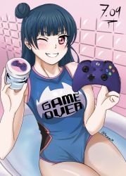 Rule 34 | 1girl, artist name, artist request, bare legs, bare shoulders, blue hair, blush, breasts, collarbone, controller, female focus, grin, hair bun, highres, holding, holding controller, jan azure, long hair, looking at viewer, love live!, love live! sunshine!!, medium breasts, one eye closed, purple eyes, single hair bun, smile, solo, swimsuit, tsushima yoshiko, xbox controller