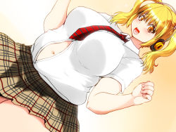 Rule 34 | 1girl, blonde hair, blush, breasts, bursting belly, curvy, date pun, fat, good meat day, headphones, huge breasts, isna (footprintsofisna), looking at viewer, meat day, midriff, navel, necktie, nitroplus, number pun, open mouth, orange eyes, pleated skirt, plump, red necktie, school uniform, shirt, short hair, skirt, smile, solo, super pochaco, thick thighs, thighs, twintails, white shirt, wide hips