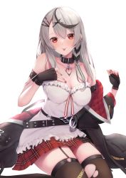 Rule 34 | 1girl, bare shoulders, belt, black belt, black collar, black gloves, black jacket, black thighhighs, breasts, camisole, cleavage, collar, collarbone, fingerless gloves, garter straps, gloves, grey hair, heart, highres, hololive, ichi-go, jacket, large breasts, long hair, miniskirt, multicolored hair, nail polish, off shoulder, plaid, plaid skirt, red eyes, red nails, red skirt, sakamata chloe, sitting, skirt, solo, thighhighs, tongue, tongue out, torn clothes, torn thighhighs, two-tone hair, virtual youtuber, white background, white camisole