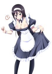 Rule 34 | 10s, 1girl, ?, alternate costume, apron, bad id, bad pixiv id, black hair, black pantyhose, blue eyes, blush, breasts, cleavage, collar, covered erect nipples, cuffs, enmaided, frills, hair between eyes, hairband, heart, hyouka, irisu fuyumi, large breasts, long hair, long skirt, looking to the side, maid, maid apron, pantyhose, puffy short sleeves, puffy sleeves, purple eyes, short sleeves, simple background, skirt, skirt hold, solo, spoken heart, tsurime, unitaisho, waist apron, white background, wrist cuffs