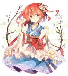 Rule 34 | 1girl, belt, bow, camellia, cherry blossoms, coin, detached sleeves, female focus, flower, fuiyu (feuille0818), hair bobbles, hair flower, hair ornament, hair ribbon, onozuka komachi, red eyes, red hair, ribbon, seigaiha, shirt, skirt, smile, solo, touhou, twig, twintails, two side up