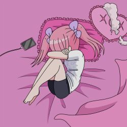 Rule 34 | 1girl, barefoot, bed sheet, black shorts, bow, cellphone, charger, covering face, ezaki bisuko, fetal position, hair bow, hair over face, highres, lying, menhera-chan (ezaki bisuko), menhera-chan (ezaki bisuko) (character), official art, phone, pillow, pink hair, print shirt, purple bow, sad, shirt, short twintails, shorts, smartphone, solo, twintails, usb, white shirt