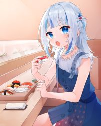 Rule 34 | 1girl, :d, bare arms, blue dress, blue eyes, blue hair, blue nails, blunt bangs, counter, curled fingers, dress, eating, eel, elbow on table, fish (food), flat chest, food, gawr gura, gintama 10102, grey hair, hair ornament, highres, holding, hololive, hololive english, indoors, long hair, looking at viewer, multicolored hair, nail polish, nigirizushi, open mouth, sashimi, shadow, shark girl, sharp teeth, shrimp, sleeveless, smile, solo, sushi, teeth, upper teeth only, virtual youtuber, white hair