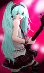 Rule 34 | blue eyes, blue hair, bracelet, guitar, hatsune miku, instrument, jewelry, long hair, solo, spiked bracelet, spikes, striped clothes, striped thighhighs, thighhighs, tokiwa osamu, twintails, vocaloid