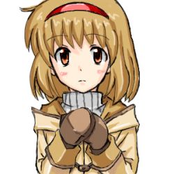 Rule 34 | brown hair, coat, hairband, kanon, lowres, mittens, non-web source, oekaki, red eyes, simple background, solo, tsukimiya ayu, white background, wings