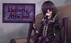Rule 34 | 1girl, ageha (ray-k), arthropod girl, bandage over one eye, bandaged head, bandages, black dress, black hair, butterfly affection, claws, closed mouth, commentary request, copyright name, couch, dress, extra legs, eyepatch, juliet sleeves, long sleeves, looking at viewer, monster girl, neck ribbon, one eye covered, pink eyes, puffy sleeves, purple ribbon, ray-k, ribbon, sitting, slit pupils, smile, solo