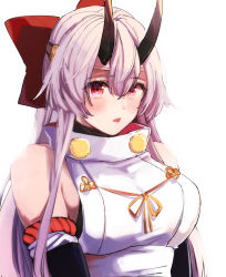 Rule 34 | 1girl, bare shoulders, black horns, blush, bow, breasts, detached sleeves, fate/grand order, fate (series), hair between eyes, hair between horns, hair bow, headband, highres, horns, japanese clothes, large breasts, long bangs, long hair, looking at viewer, meeko, oni horns, parted lips, pom pom (clothes), red bow, red eyes, sidelocks, solo, tomoe gozen (fate), upper body, white background, white hair