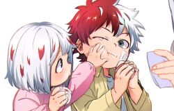 Rule 34 | 1boy, 1girl, 1other, boku no hero academia, brother and sister, grey eyes, hand on another&#039;s face, highres, holding, long sleeves, multicolored hair, nishino (fetv8484), one eye closed, pink shirt, red hair, shirt, siblings, todoroki fuyumi, todoroki touya, two-tone hair, white background, white hair, yellow shirt