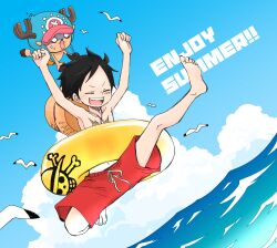 Rule 34 | 2boys, arms up, bird, black hair, blank eyes, blue sky, closed eyes, cloud, day, facial scar, full body, hat, hat on back, highres, inflatable toy, jumping, male focus, monkey d. luffy, multiple boys, nervous sweating, ocean, one piece, outdoors, pokesumomo, red swim trunks, scar, scar on cheek, scar on face, seagull, short hair, sky, smile, straw hat, sweat, sweatdrop, tony tony chopper, topless male