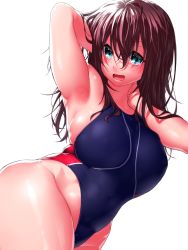 Rule 34 | 1girl, arm behind head, arm up, armpits, bare shoulders, blue one-piece swimsuit, blush, breasts, brown hair, competition swimsuit, green eyes, highleg, highleg swimsuit, large breasts, long hair, looking at viewer, one-piece swimsuit, onsoku inu, open mouth, original, solo, swimsuit, thighs
