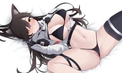 Rule 34 | 1girl, absurdres, atago (azur lane), atago (space atago) (greyeth) (azur lane), azur lane, black thighhighs, blush, breasts, brown eyes, closed mouth, gloves, hand on own chest, highres, japanese flag, large breasts, long hair, looking at viewer, lying, on back, remove before flight tag, smile, spread legs, thigh bands, thighhighs, z.taiga