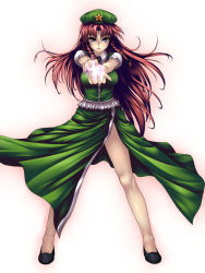 Rule 34 | 1girl, blue eyes, braid, breasts, dress, energy ball, female focus, full body, gradient background, hat, hong meiling, immaterial and missing power, legs, long hair, magic, red hair, smile, solo, touhou, twin braids, uni8, white background, wind, wind lift