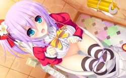 Rule 34 | 1girl, ankoromochi, blue eyes, blush, bow, bow panties, bowtie, breasts, censored, electrical outlet, embarrassed, fang, flower, game cg, hair bow, hair flower, hair ornament, indoors, jacket, large breasts, long hair, long sleeves, looking at viewer, mainichi ga harem sugite ore wa yome wo kimerarenai!, mosaic censoring, open clothes, open jacket, open mouth, panties, panty pull, peassoft, peeing, ponytail, puffy sleeves, purple hair, purple panties, pussy, red bow, red jacket, sakuragi nina, school uniform, shirt, side ponytail, skirt, skirt around ankles, solo, striped clothes, striped thighhighs, thighhighs, toilet, toilet paper, underwear, white shirt, white skirt, yellow bow, yellow bowtie