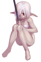 Rule 34 | 1girl, barefoot, blonde hair, chyko7080, elf, full body, hair over one eye, knees together feet apart, original, pointy ears, red eyes, simple background, sitting, solo, staff, white background