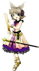 Rule 34 | 1girl, brown eyes, brown hair, dress, earmuffs, artistic error, female focus, full body, lowres, non-web source, official art, scabbard, sheath, sheathed, solo, sword, ten desires, touhou, toyosatomimi no miko, transparent background, weapon, wrong hand, zun (artist)