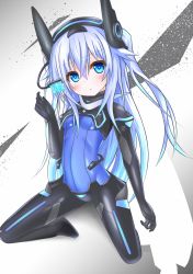 Rule 34 | 10s, 1girl, black heart (neptunia), blue eyes, blush, bodysuit, breasts, cameltoe, cowboy shot, female focus, game console, gauntlets, grey background, hair between eyes, head-mounted display, headgear, highres, impossible bodysuit, impossible clothes, langley1000, long hair, looking at viewer, md5 mismatch, neon trim, neptune (series), next black, noire (neptunia), playstation 4, power symbol, power symbol-shaped pupils, skin tight, small breasts, solo, symbol-shaped pupils, very long hair, visor, wavy hair, white hair