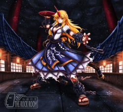 Rule 34 | 1girl, adapted costume, alternate costume, architecture, bell, blonde hair, breasts, chain, cleavage, clothes writing, collar, cup, earrings, east asian architecture, female focus, fingernails, geta, grin, highres, horns, hoshiguma yuugi, house, japanese clothes, jewelry, lantern, large breasts, long hair, nail polish, night, night sky, outstretched arm, paper lantern, pointy ears, red eyes, rooftop, rope, sakazuki, shimenawa, short sleeves, single horn, sky, skyspace, smile, solo, star (sky), starry sky, touhou, wrist cuffs