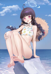 Rule 34 | 1girl, absurdres, barefoot, beach, black hair, blue archive, braid, feet, hat, highres, kaliliyu17524, light blush, long hair, looking at viewer, miyu (blue archive), miyu (swimsuit) (blue archive), open mouth, pink eyes, soles, straw hat, swimsuit, toes, twin braids