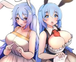 Rule 34 | 2girls, animal ears, artist name, between breasts, black shirt, blue eyes, blue hair, blush, breasts, rabbit hair ornament, cleavage cutout, clothing cutout, collarbone, collared shirt, dress, grey skirt, hair ornament, holding, holding paper, index fingers together, indie virtual youtuber, large breasts, long hair, looking to the side, mely (vtuber), multiple girls, necktie, necktie between breasts, open mouth, original, paper, purple eyes, rabbit ears, rabbit girl, red neckwear, sae art, shirt, side ponytail, skirt, suspenders, symbol-only commentary, twitter username, virtual youtuber, white background, white dress