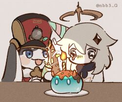 Rule 34 | 1girl, 1other, birthday, black eyes, black scarf, blue eyes, blush stickers, candle, chibi, commentary, confetti, english commentary, fire, fire, floppy ears, fur-trimmed jacket, fur trim, genshin impact, grey hair, hair between eyes, halo, hat, honkai: star rail, honkai (series), jacket, long hair, looking at another, nbb3, open mouth, paimon (genshin impact), party popper, plate, pom-pom (honkai: star rail), red headwear, red jacket, scarf, shako cap, shirt, sidelocks, slime (genshin impact), smile, table, upper body, wavy eyes, white shirt, wooden table