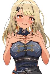 Rule 34 | 1girl, bare shoulders, belt, black belt, blonde hair, blue dress, blush, braid, breasts, china dress, chinese clothes, cleavage, cleavage cutout, clothing cutout, dress, earrings, fang, fangs, french braid, grey nails, gyaru, hair ornament, hands on own chest, highres, jewelry, kaminari qpi, kaminari qpi (4th costume), large breasts, lightning bolt, lightning bolt hair ornament, lightning bolt symbol, long hair, looking at viewer, orange eyes, prsdubstep, side cutout, signature, skin fang, skin fangs, smile, smirk, solo, tassel, tassel earrings, turtleneck, turtleneck dress, underbust, v-shaped eyebrows, virtual youtuber, vspo!, white background