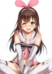 Rule 34 | 1girl, ;d, bare shoulders, black bow, blue eyes, blush, bow, brown hair, buttons, collarbone, detached sleeves, double-breasted, feet out of frame, hairband, highres, indian style, kizuna ai, kizuna ai inc., konkito, lace, lace-trimmed legwear, lace trim, long hair, long sleeves, looking at viewer, miniskirt, navel, one eye closed, open mouth, pink hair, pink hairband, round teeth, school uniform, serafuku, simple background, sitting, skirt, smile, solo, spread legs, straight hair, teeth, thighhighs, tile floor, tiles, two side up, v arms, virtual youtuber, white background, white skirt, white thighhighs