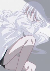 Rule 34 | 1girl, bad id, bad twitter id, curled up, eyes visible through hair, hair between eyes, half-closed eyes, highres, long hair, looking at viewer, lying, on floor, on side, original, parted lips, red eyes, solo, tsumaseu, white hair, white theme