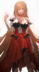 Rule 34 | . (kometto333), 1girl, bare shoulders, black ribbon, blonde hair, blood, blood on face, breasts, collarbone, dress, elbow gloves, gloves, hair between breasts, hair over one eye, hair ribbon, hashtag-only commentary, highres, kiss-shot acerola-orion heart-under-blade, kizumonogatari, large breasts, lipstick, long hair, looking at viewer, makeup, monogatari (series), one eye covered, oshino shinobu, parted lips, pointy ears, red dress, red lips, ribbon, sidelocks, simple background, solo, standing, strapless, strapless dress, teeth, torn clothes, torn gloves, very long hair, white background, white gloves, yellow eyes