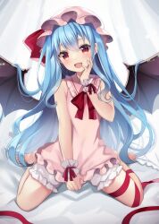 Rule 34 | 1girl, :d, alternate hair length, alternate hairstyle, bat wings, bloomers, blue hair, commentary request, dress, fang, full body, hat, highres, long hair, looking at viewer, mob cap, open mouth, pink dress, pink hat, red eyes, remilia scarlet, ruhika, sitting, sleeveless, sleeveless dress, smile, solo, touhou, underwear, wariza, wings, wrist cuffs