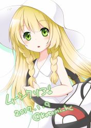Rule 34 | 1girl, bare shoulders, blonde hair, blush, braid, collared dress, commentary request, creatures (company), dated, dress, flat chest, game freak, green eyes, hat, kotomi (happy colors), lillie (pokemon), long hair, looking at viewer, nintendo, open mouth, pokemon, pokemon sm, shadow, simple background, sleeveless, sleeveless dress, solo, sun hat, sundress, translation request, twin braids, twitter username, upper body, white background, white dress, white hat