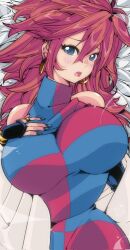 Rule 34 | 1girl, android 21, arc system works, bare shoulders, bed sheet, black nails, blue eyes, blush, breasts, brown hair, checkered clothes, checkered dress, coat, detached sleeves, dragon ball, dragon ball fighterz, dress, earrings, female focus, gold earrings, hair between eyes, highres, hoop earrings, jewelry, lab coat, large breasts, long hair, looking at viewer, lying, nail polish, on back, open clothes, open coat, open mouth, solo, tongue, white coat