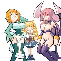 Rule 34 | 3girls, :&lt;, archer (disgaea), belt, blonde hair, bloomers, blunt bangs, blush, boots, breast envy, breasts, captain (artist), captain (drawfag), covered erect nipples, demon girl, detached sleeves, disgaea, dress, drill hair, embarrassed, flat chest, frills, frown, green legwear, green shirt, hand on head, hand on own hip, hime cut, horns, impossible clothes, impossible shirt, large breasts, lipstick, loincloth, long hair, lowres, maebari, magic knight (disgaea), makai senki disgaea 2, makeup, midriff, multiple girls, navel, nippon ichi, no panties, orange hair, pink hair, pointy ears, purple legwear, revealing clothes, shirt, short dress, short hair, simple background, skirt, smile, standing, succubus (disgaea), tabard, tail, taut clothes, taut shirt, thigh boots, thighhighs, turtleneck, twin drills, twintails, underwear, very long hair, wide hips, wings