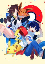 Rule 34 | 1boy, 1girl, ^ ^, absurdres, bike shorts, blue eyes, blue hair, blue pants, blush, brown hair, closed eyes, cloud, commentary request, confetti, creatures (company), eevee, game freak, gen 1 pokemon, gotcha!, gotcha! boy (pokemon), gotcha! girl (pokemon), grey skirt, highres, holding, holding poke ball, jacket, looking at viewer, nintendo, one eye closed, open mouth, pants, pikachu, pleated skirt, poke ball, poke ball (basic), pokemon, pokemon (creature), pokemon on arm, seno azana, short sleeves, skirt, sweatdrop, teeth, tongue, yellow eyes, zipper