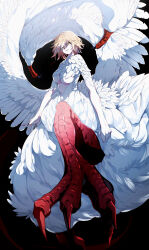 Rule 34 | 1girl, absurdres, black background, blonde hair, body fur, breasts, centauroid, chimera, cleavage, commentary, dungeon meshi, falin touden, falin touden (chimera), feathered wings, feathers, hair between eyes, highres, large breasts, leg up, looking at viewer, monster girl, parted lips, rakugaki choo, red scales, short hair, sidelocks, simple background, smile, solo, talons, taur, white feathers, wings, yellow eyes