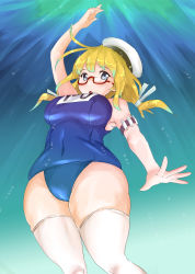 Rule 34 | 1girl, blonde hair, blue eyes, bobabo, breasts, cameltoe, from below, glasses, hat, highres, i-8 (kancolle), kantai collection, large breasts, looking at viewer, looking down, low twintails, name tag, ocean, one-piece swimsuit, peaked cap, red-framed eyewear, sailor hat, school swimsuit, semi-rimless eyewear, solo, swimming, swimsuit, thighhighs, twintails, under-rim eyewear, underwater, white thighhighs
