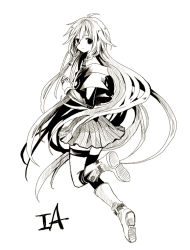 Rule 34 | 1girl, ahoge, anzu (o6v6o), asymmetrical legwear, boots, braid, character name, full body, greyscale, hair between eyes, ia (vocaloid), kneehighs, leg up, long hair, long sleeves, looking at viewer, monochrome, own hands together, pleated skirt, side braids, single kneehigh, single sock, single thighhigh, skirt, socks, solo, thigh strap, thighhighs, uneven legwear, very long hair, vocaloid
