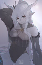 Rule 34 | 1girl, arknights, arm up, artist name, black eyes, black one-piece swimsuit, breasts, casual one-piece swimsuit, closed mouth, detached sleeves, highres, holding, holding own hair, horns, large breasts, long hair, long sleeves, looking at viewer, mouth hold, njnywy, official alternate costume, one-piece swimsuit, pointy ears, ponytail, school uniform, shining (arknights), shining (silent night) (arknights), sitting, smile, solo, swimsuit, very long hair, white hair