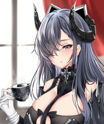 Rule 34 | 1girl, august von parseval (azur lane), azur lane, bare shoulders, breasts, cleavage, cup, curled horns, gloves, hair over one eye, highres, holding, holding cup, horns, indoors, large breasts, long hair, looking at viewer, match (scp115), mechanical horns, purple eyes, purple hair, solo, teacup, upper body, white gloves