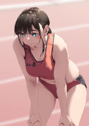 Rule 34 | 1girl, blue eyes, blurry, blurry background, breasts, brown hair, cleavage, collarbone, commentary request, hands on own knee, jonsun, large breasts, mole, mole under eye, navel, original, short hair, solo, sports bra, sportswear, tamami (jonsun), track and field, track uniform