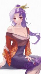 Rule 34 | 1girl, absurdres, bare shoulders, breasts, cleavage, collarbone, dress, feet out of frame, highres, komakusa sannyo, large breasts, light smile, long hair, long sleeves, looking at viewer, m4 gun, nail polish, off-shoulder dress, off shoulder, parted bangs, purple hair, purple nails, red eyes, red nails, simple background, sitting, solo, thighhighs, touhou, white background, wide sleeves