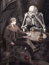 Rule 34 | 3boys, alcohol, angel wings, apple, black wings, brown background, brown coat, brown necktie, brown pants, brown scarf, brown vest, card, closed eyes, closed mouth, coat, collared coat, collared shirt, cup, death, death (entity), facing to the side, feathered wings, food, fruit, full body, grey hair, halo, highres, holding, holding card, indoors, jaddddan, light smile, long sleeves, male focus, mature male, multiple boys, necktie, old, old man, original, oxfords, pants, playing card, scarf, shirt, sitting, skeleton, stool, table, undead, vest, wings, wooden floor