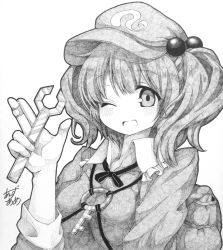 Rule 34 | 1girl, ;d, anzu ame, backpack, bag, bandaid, bandaid on hand, blush, greyscale, hair bobbles, hair ornament, hat, kawashiro nitori, key, millipen (medium), monochrome, one eye closed, open mouth, shikishi, signature, smile, solo, touhou, traditional media, twintails, two side up, upper body, wink, wrench