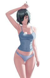 Rule 34 | 1girl, absurdres, arm up, black hair, breasts, camisole, chainsaw man, cigarette, cleavage, eyepatch, green eyes, grey camisole, grey panties, highres, himeno (chainsaw man), holding, holding cigarette, kyouji44288608, large breasts, one eye covered, panties, short hair, simple background, solo, underwear, white background