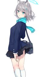 Rule 34 | 1girl, animal ear fluff, animal ears, bag, blazer, blue archive, blue jacket, blue scarf, commentary request, deca purio, extra ears, grey hair, halo, highres, jacket, looking at viewer, looking back, plaid, plaid skirt, pleated skirt, scarf, school bag, shiroko (blue archive), simple background, skirt, socks, solo, white socks, wolf ears