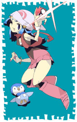 00s 1girl atsu4444 beanie blue_hair boots creatures_(company) dawn_(pokemon) game_freak gen_4_pokemon hair_ornament hat holding holding_poke_ball long_hair nakayama_atsushi nintendo pink_footwear piplup poke_ball pokemon pokemon_(creature) pokemon_dppt red_scarf scarf skirt