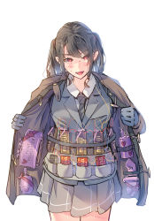 Rule 34 | 1girl, anti-personnel mine, anti-personnel weapon, blush, bomb, candy, chocolate, chocolate bar, coat stash, daito, explosive, food, gloves, grenade, hand grenade, highres, jacket, m18 claymore mine, mine (weapon), necktie, open clothes, open jacket, original, school uniform, skirt, solo, suicide, suicide bomb, twintails, valentine, wire
