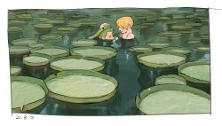 Rule 34 | 2boys, absurdres, afloat, blonde hair, blush, bubble, couple, curly eyebrows, facial hair, flustered, from side, goatee, green hair, hair over one eye, highres, lake, lily pad, male focus, multiple boys, no.6 (numberr 6), one piece, roronoa zoro, sanji (one piece), short hair, topless male, wet, wet hair, yaoi