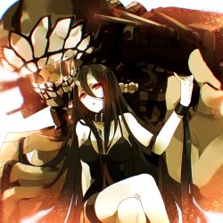 Rule 34 | 10s, 1girl, abyssal ship, battleship princess, black dress, black hair, breasts, choker, collar, colored skin, crossed legs, dress, fingernails, hair between eyes, hand up, horns, kantai collection, long hair, looking at viewer, medium breasts, noda (yncoon), open mouth, parted lips, red eyes, revision, short dress, skin-covered horns, solo, thigh strap, very long hair, white skin, wristband